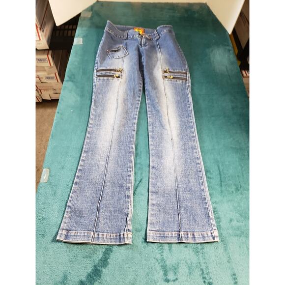 VINTAGE Miskeen Jeans Size 26 Womens Blue Stretch Pants Denim Mid Rise Flared - Picture 1 of 13